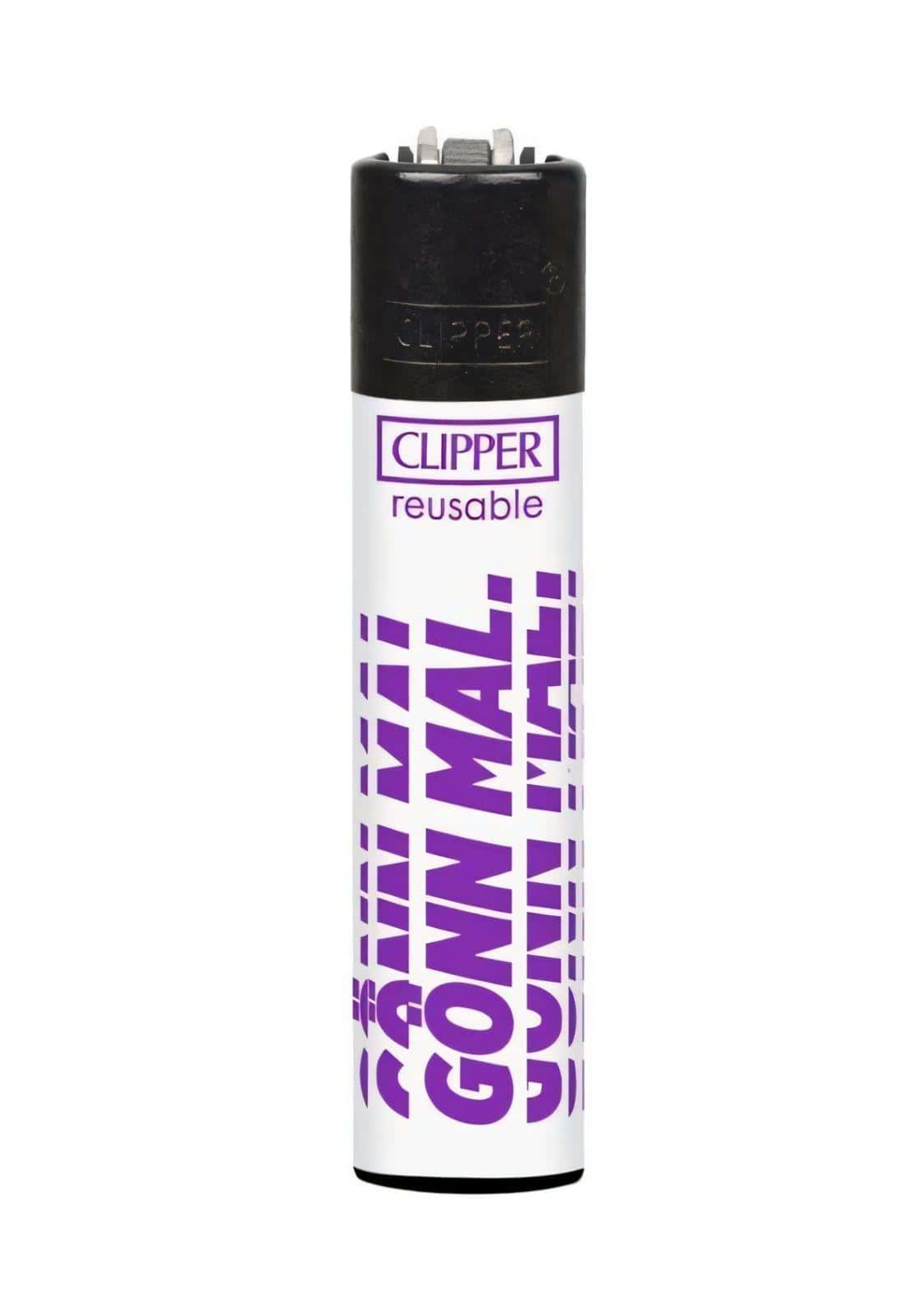 Gönn mal nachfüllbares clipper feuerzeug in lila und weiß mit boldem vertikalem textdesign für gothic und dark fashion fans